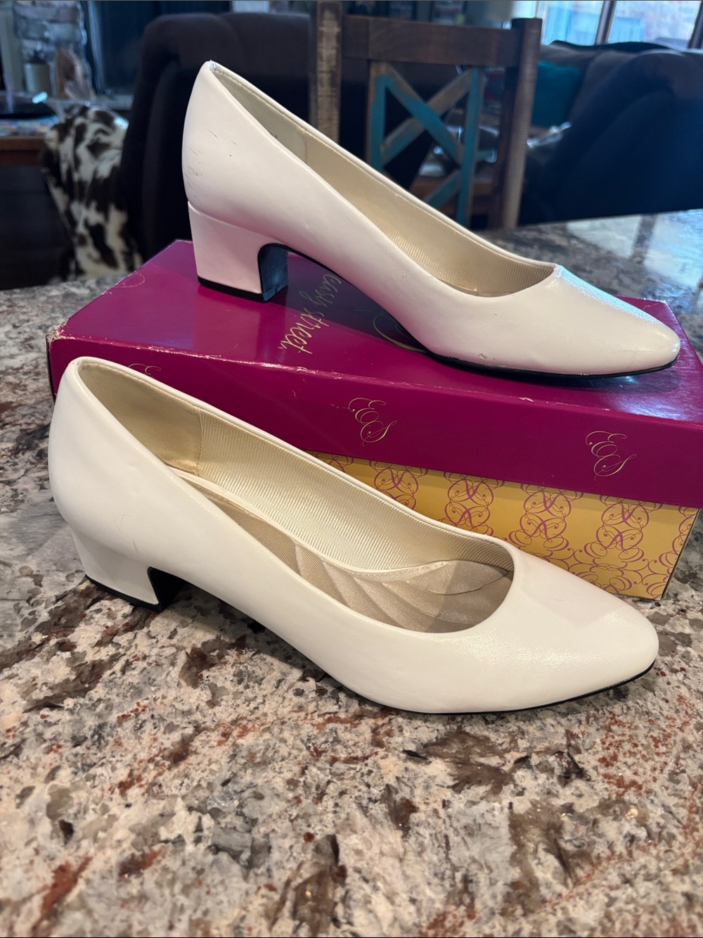 easy street White Low Block Heel Pumps